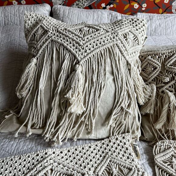 Boho Macrame Pillow Covers Set of 4 100% Cotton Fringe Throw Pillowcases Cream‎ - Picture 3 of 9